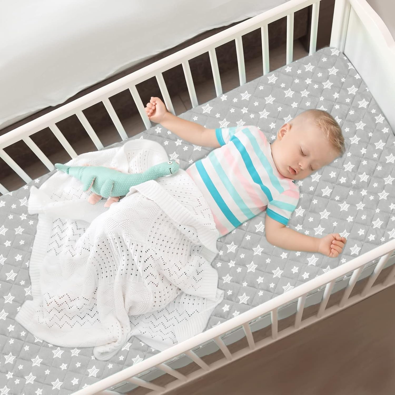 Crib Mattress Protector Waterproof 2 Pack, Quilted Crib Mattress Pad Cover 52" X 28" Extra Soft Breathable Toddler Bed Cover Stretch up to 8", Grey & White Star