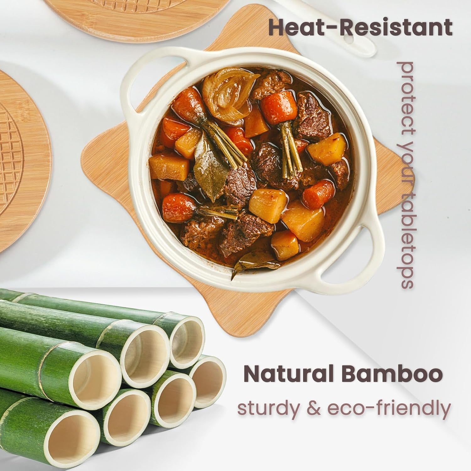 Bamboo Trivets for Hot Dishes, Hot Pots and Pans, 7.5 Inch Thick Heat Resistant Large Coaster for Kitchen, Hot Pads, Kitchen Essentials, Kitchen Decor for Table & Countertop, 2 round +2 Square