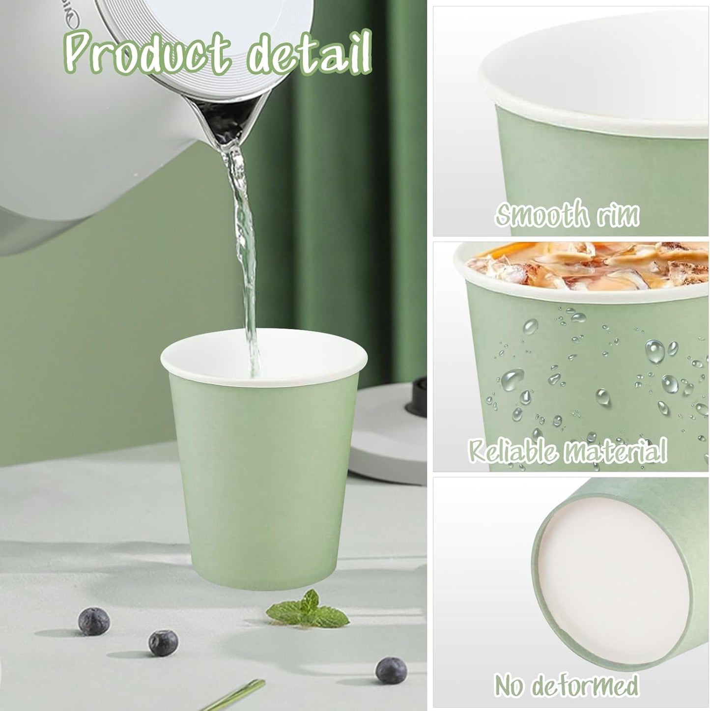 100Pcs 9Oz Sage Green Paper Cups,Disposable Coffee Paper Cup,Green Party Cups Beverage Drinking to Go Cups for Birthday Bridal Shower Wedding Easter St Patricks Baby Shower Party Supplies