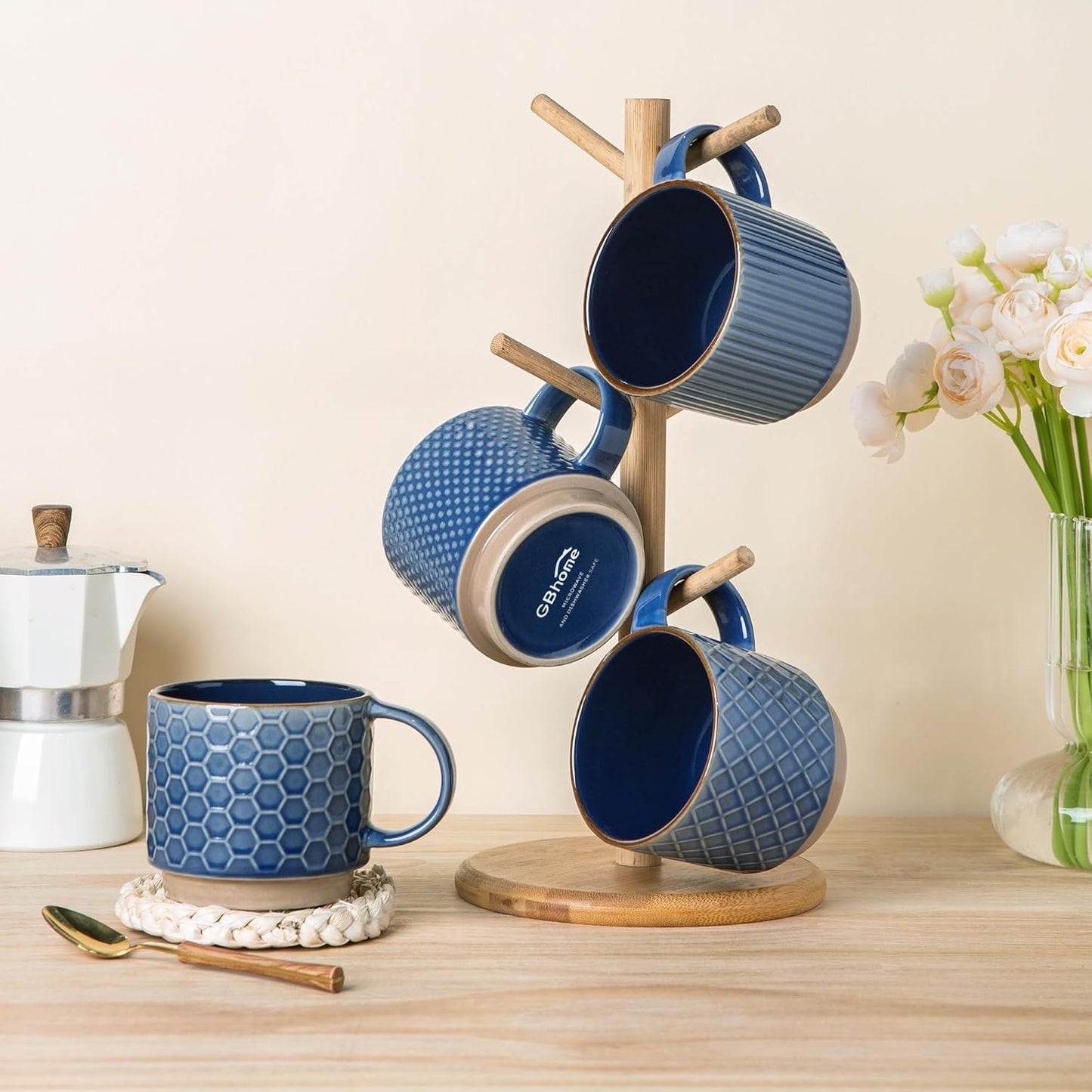 Stackable 12 OZ Ceramic Coffee Mugs Set of 4 with Textured Patterns, Dishwasher and Microwave Safe, Ideal for Lattes, Cappuccinos, and Cocoa