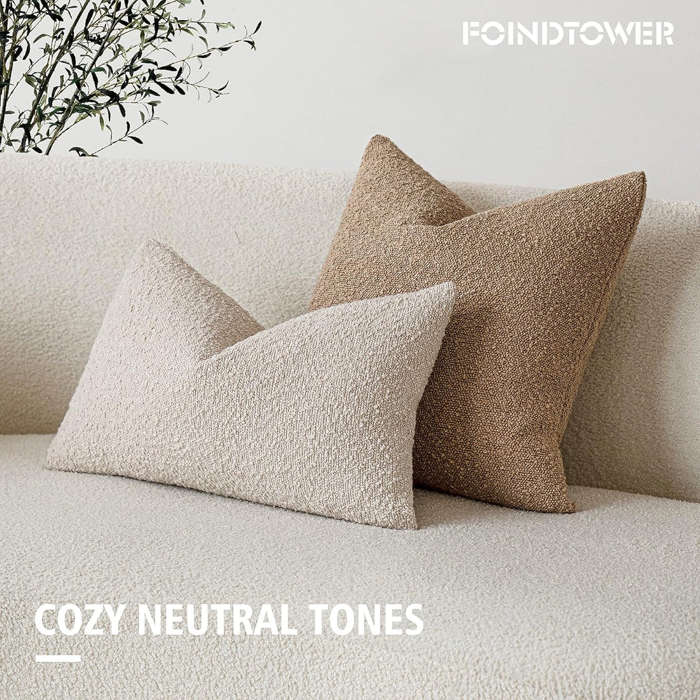 Pack of 2 Textured Boucle Throw Pillow Covers Accent Solid Lumbar Pillow Cases Cozy Soft Decorative Couch Cushion Case for Chair Sofa Bedroom Living Room Home Decor, 12 X 20 Inch,Beige