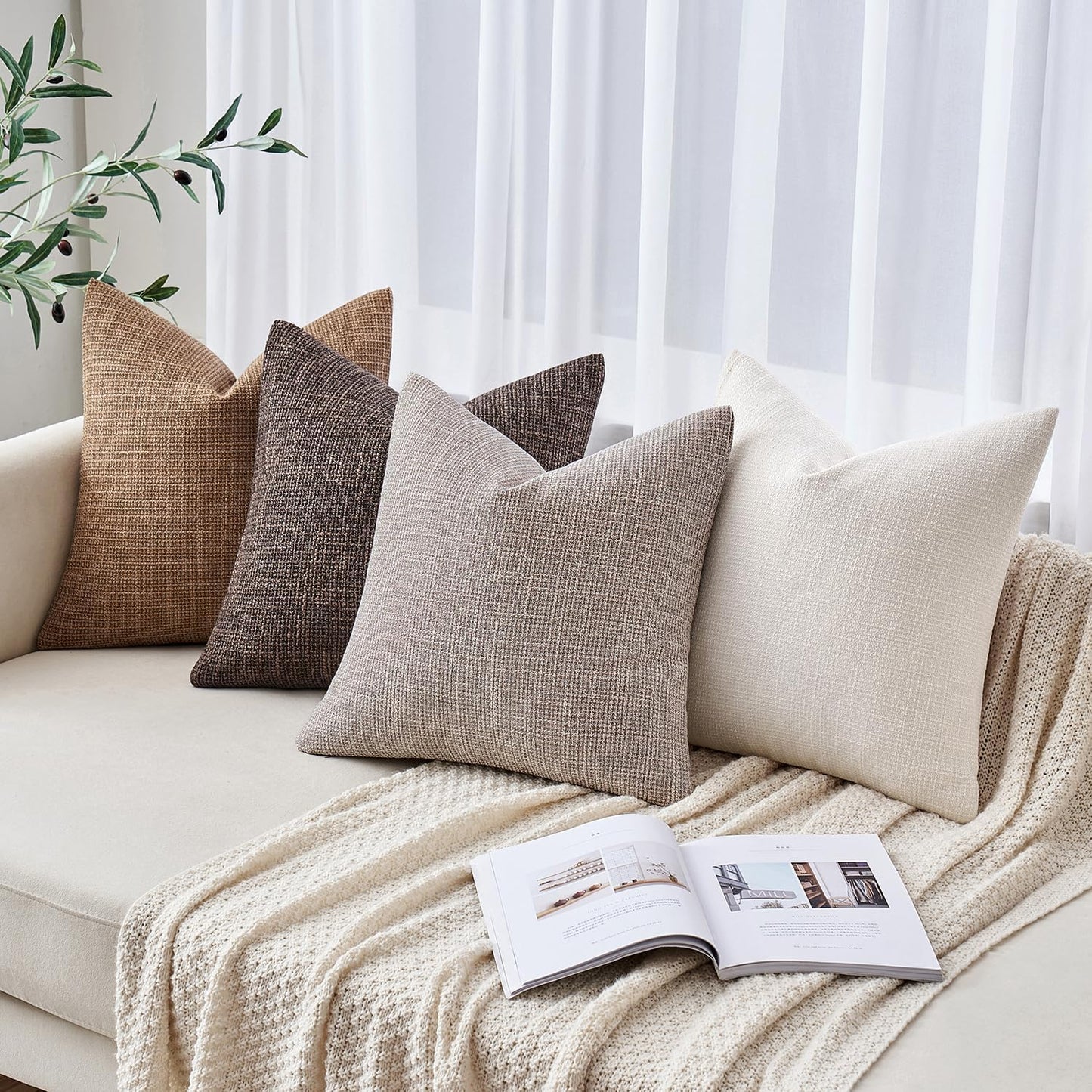 Burlap Linen Throw Pillow Covers 18X18 Inch Set of 2 Cream White Christmas Decorative Pillows Modern Farmhouse Soft Accent Cushion Covers for Couch Sofa Bedroom Livingroom Home Decor