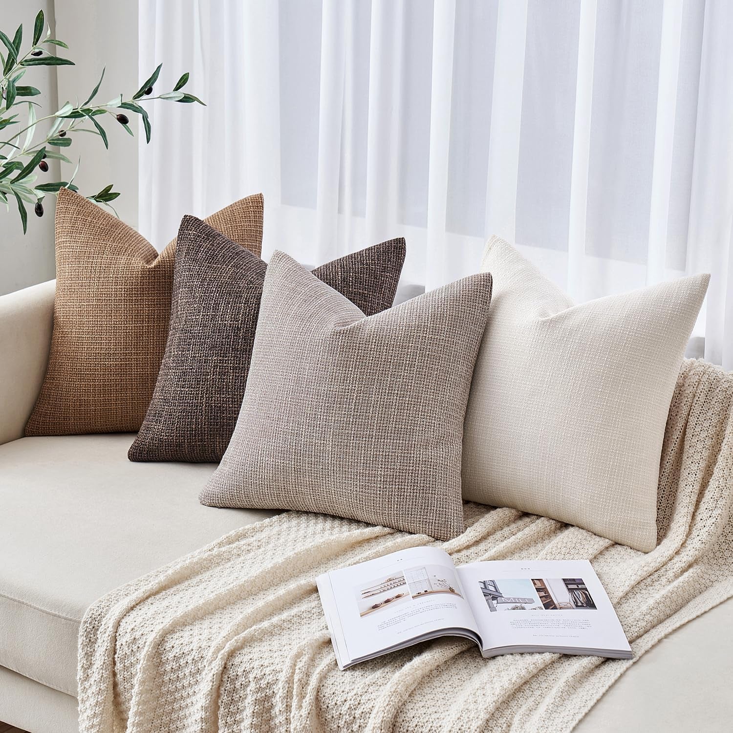 Burlap Linen Throw Pillow Covers 18X18 Inch Set of 2 Cream White Christmas Decorative Pillows Modern Farmhouse Soft Accent Cushion Covers for Couch Sofa Bedroom Livingroom Home Decor