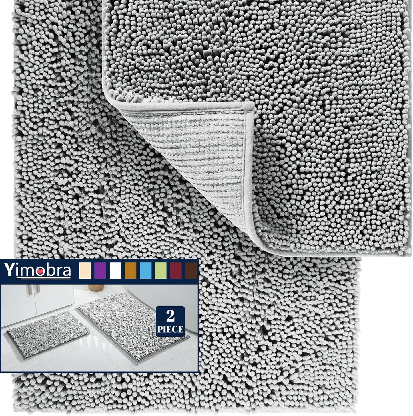 Bathroom Rug Set 2-Piece, Soft Absorbent Quick-Dry Chenille Bath Mats, Machine-Washable, Bathroom Mats for Floor, Tub & Shower, Bath Rugs for Bathroom – 32X20 + 24X17, Grey