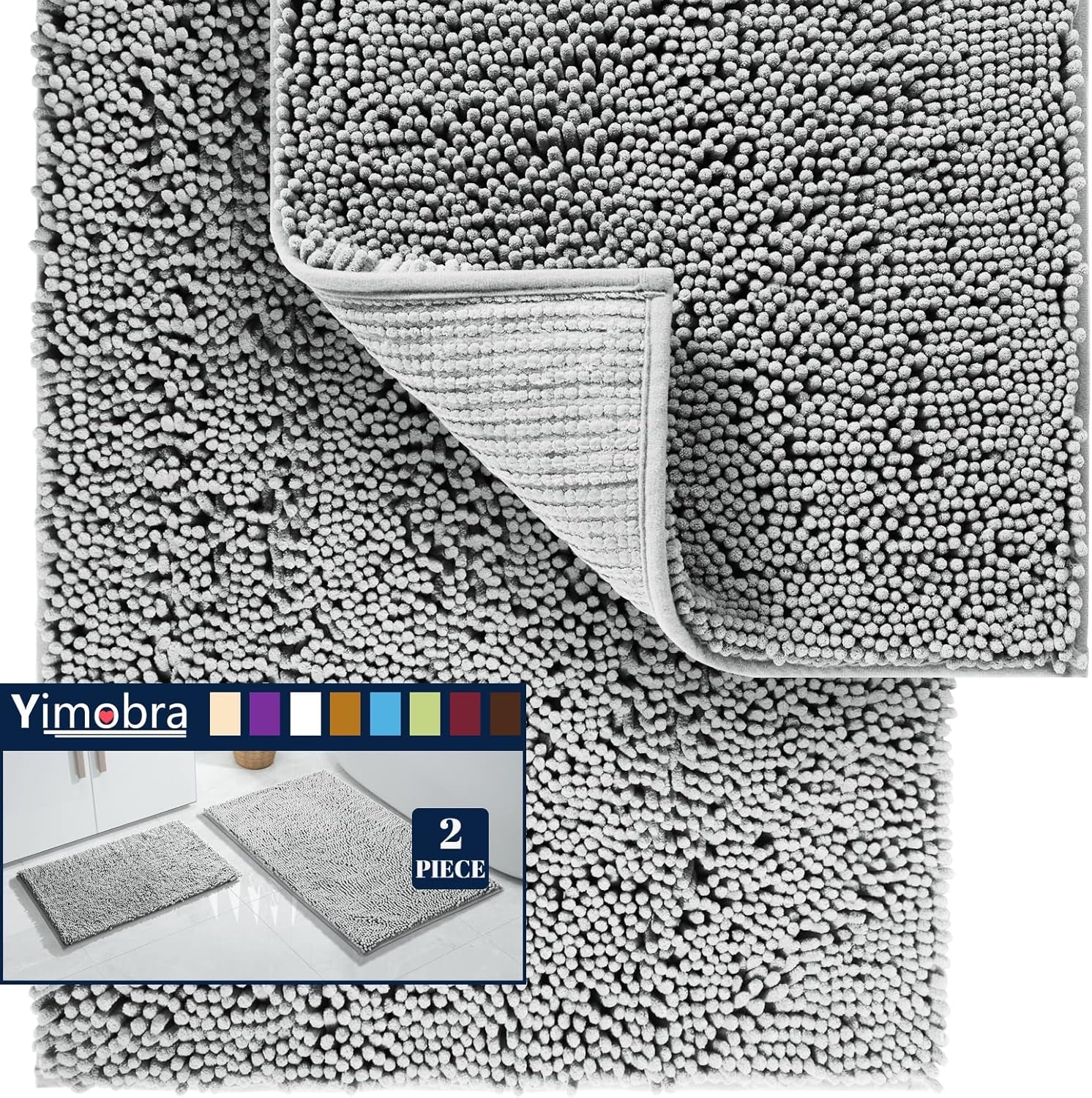 Bathroom Rug Set 2-Piece, Soft Absorbent Quick-Dry Chenille Bath Mats, Machine-Washable, Bathroom Mats for Floor, Tub & Shower, Bath Rugs for Bathroom – 32X20 + 24X17, Grey