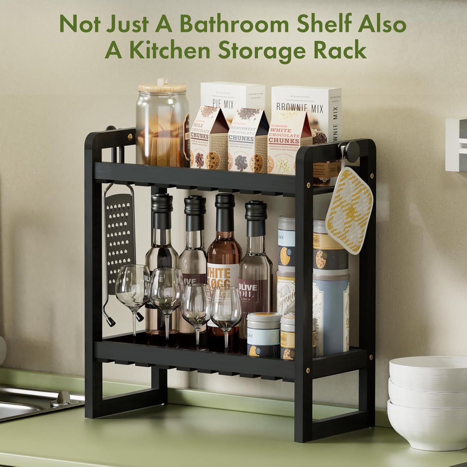 Bamboo over the Toilet Storage Shelf - 2-Tier Bathroom Organizers and Storage Shelves, 2 in 1 Dual Stable above over Toilet Bathrooms Shelf Home Storages Rack for Small Bathroom, Black