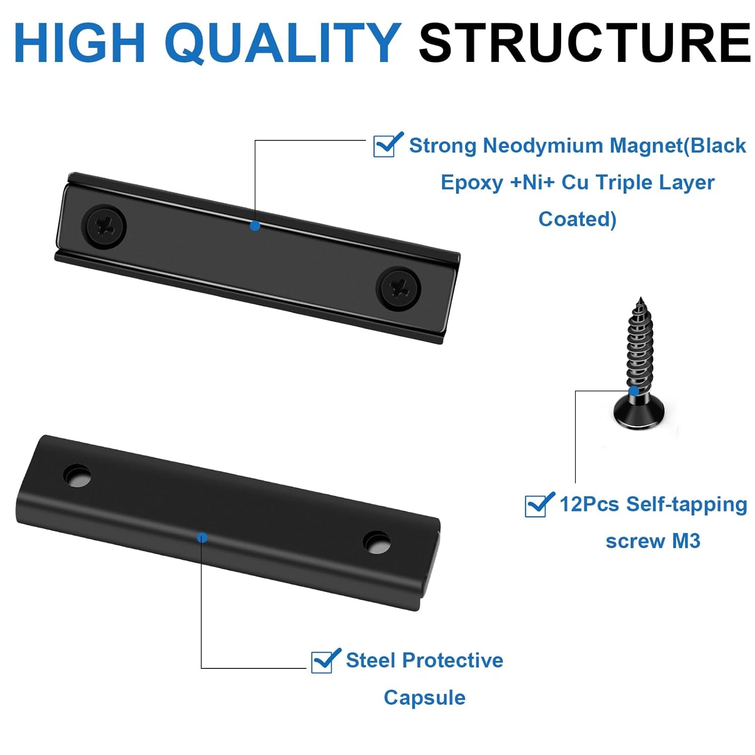 Neodymium Rectangular Pot Magnets 80Lbs, 60X13.5X5Mm Strong Bar Magnets with Countersunk Hole, Rare Earth Magnet for Mounting,Cabinet Magnet for Magnetic Door Catch, Black Pack of 6