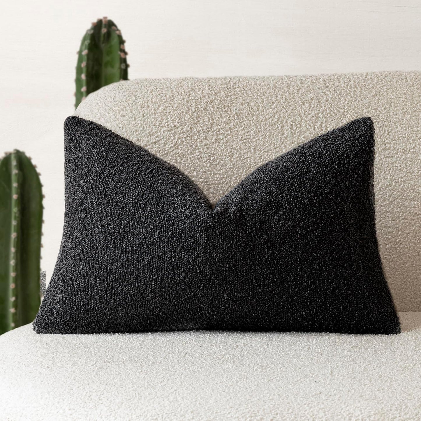 Decorative Textured Boucle Throw Pillow Covers Accent Solid Lumbar Pillow Cases Neutral Soft Cozy Couch Cushion Case for Chair Sofa Bedroom Living Room Home Decor 12 X 20 Inch,Black