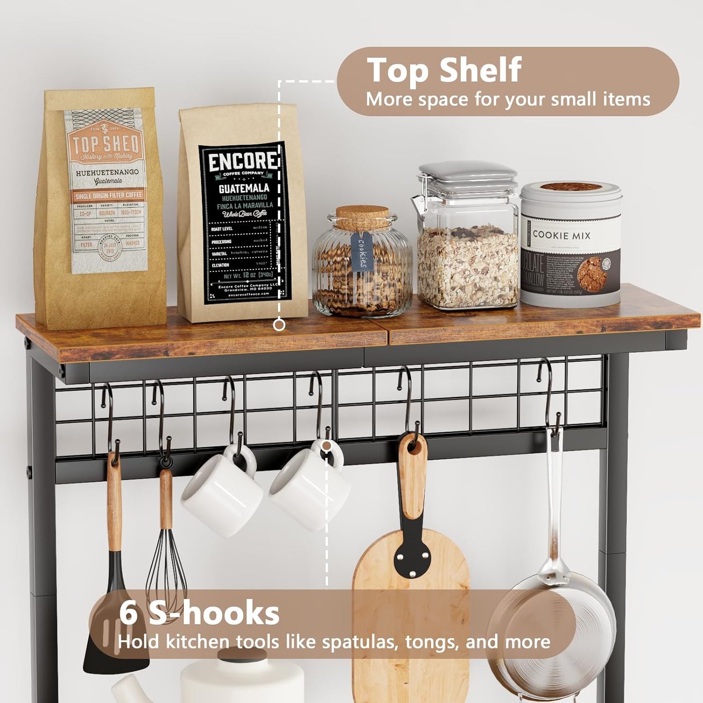 Kitchen Bakers Rack with Hutch, Coffee Bar Station 4 Tiers, Microwave Oven Stand with 6 S Hooks and Pegboard, Kitchen Microwave Rack for Spice Organizer Workstation, Rustic Brown