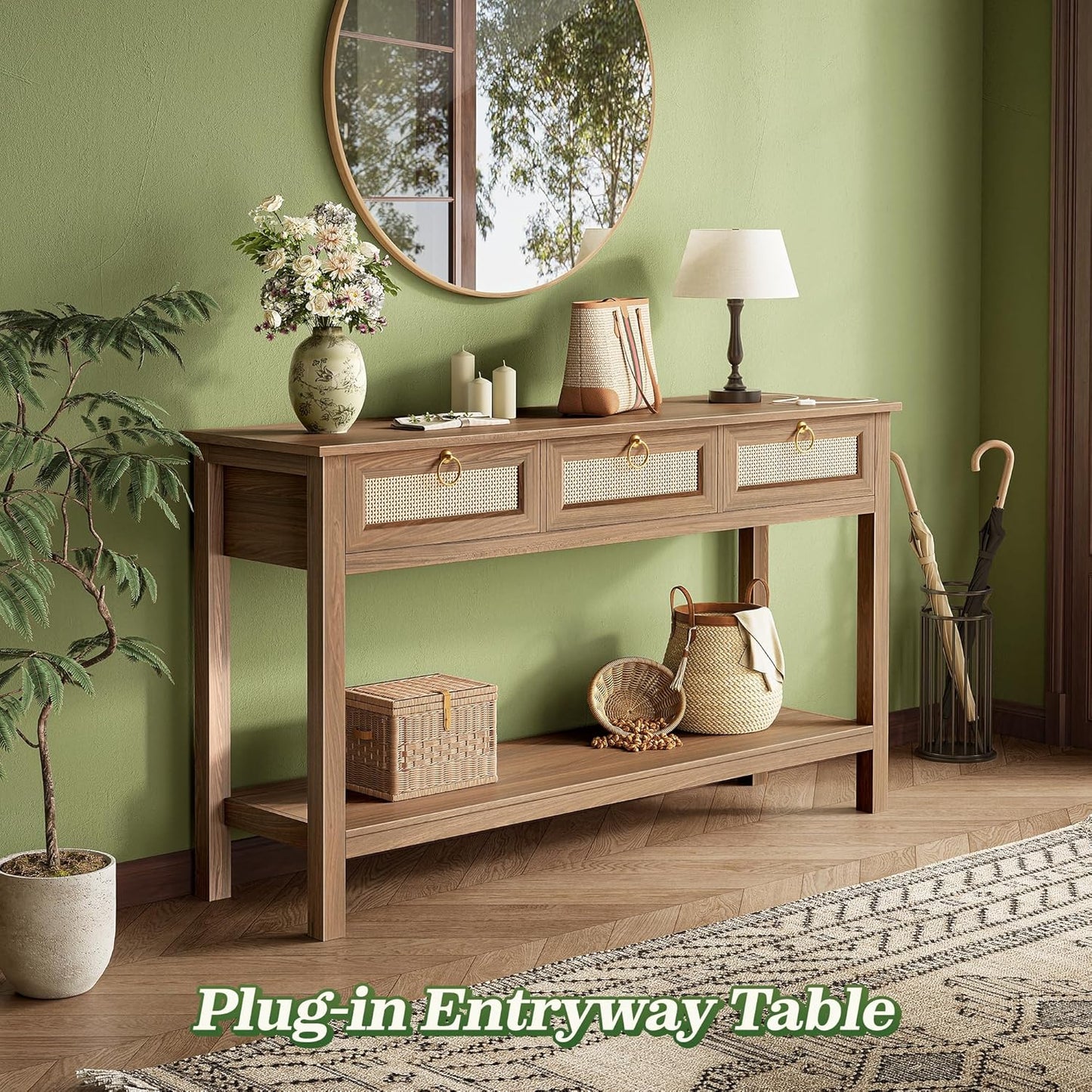 Rattan Console Sofa Table with Integrated Outlets and USB-C Port, 3-Drawer Entryway Table with Synthetic Rattan Surface and Open Shelf for Foyer and Hallway Storage, Brown