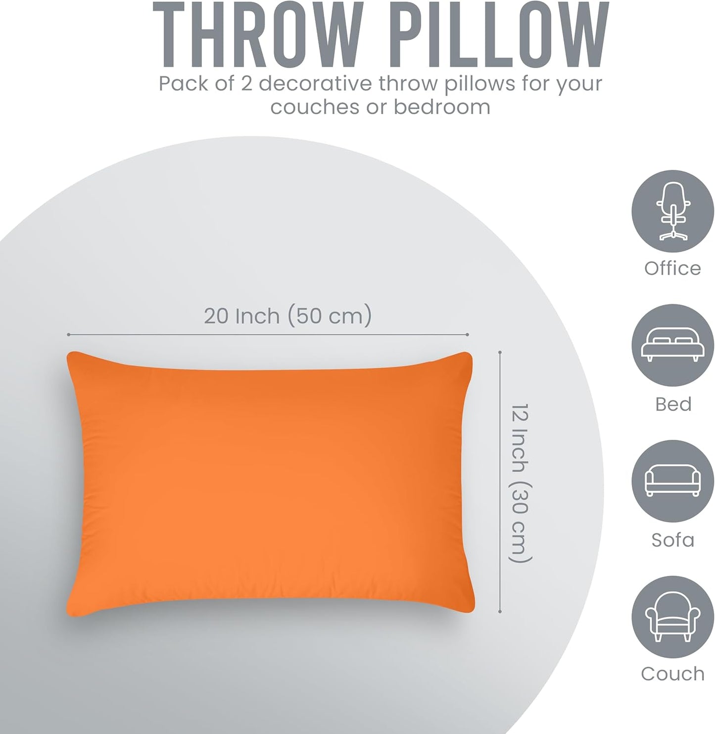 Throw Pillows (Pack of 2, Orange), 12 X 20 Inches Indoor Decorative Pillow Insert for Sofa, Bed and Couch
