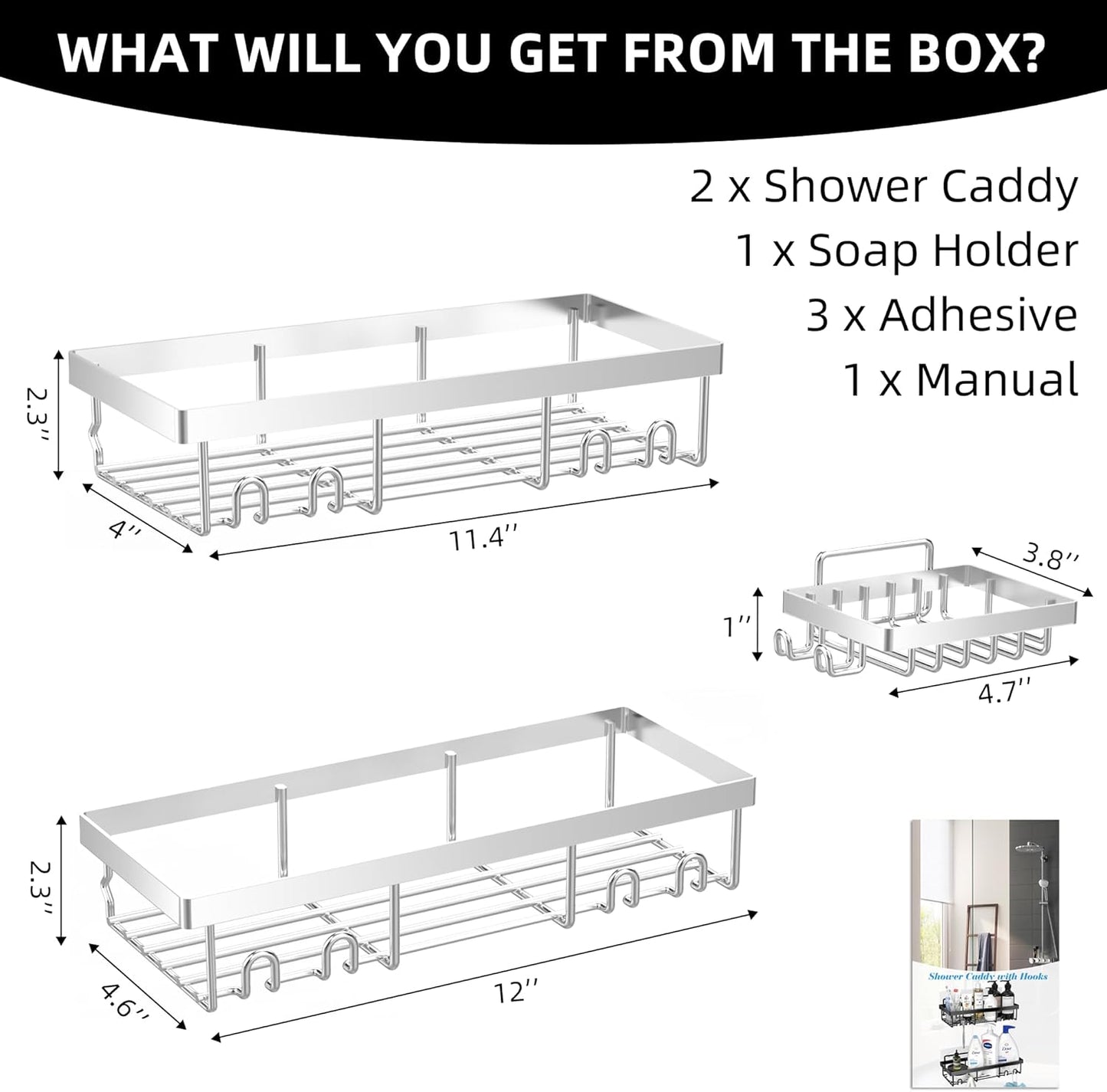 3-Pack Shower Caddy Basket Shelf with Soap Holder, No Drilling Traceless Adhesive Shower Wall Shelves, Rustproof Silver Bathroom Shower Storage Organizer