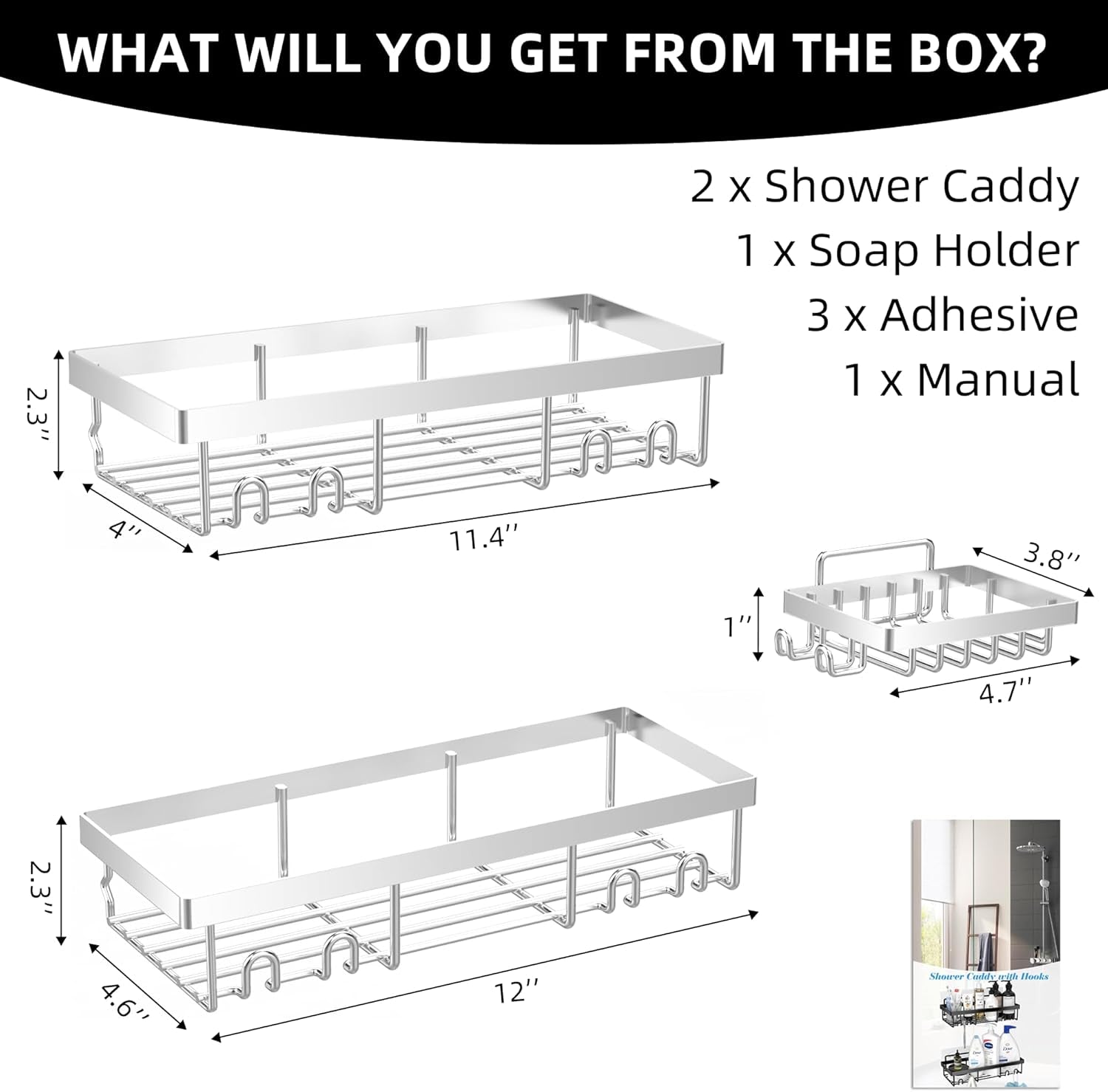 3-Pack Shower Caddy Basket Shelf with Soap Holder, No Drilling Traceless Adhesive Shower Wall Shelves, Rustproof Silver Bathroom Shower Storage Organizer