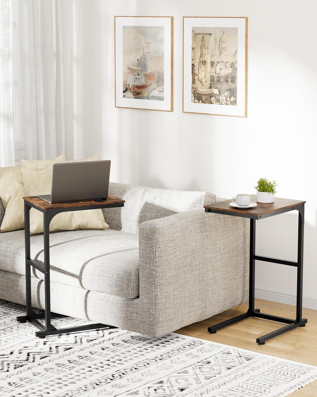 Side Table - C-Shaped Small End Tables for Living Room & Bedroom, Rustic-Style Narrow Couch Table for Small Spaces, Leveling Feet Attached, 15.7"×11.8"×24.0"