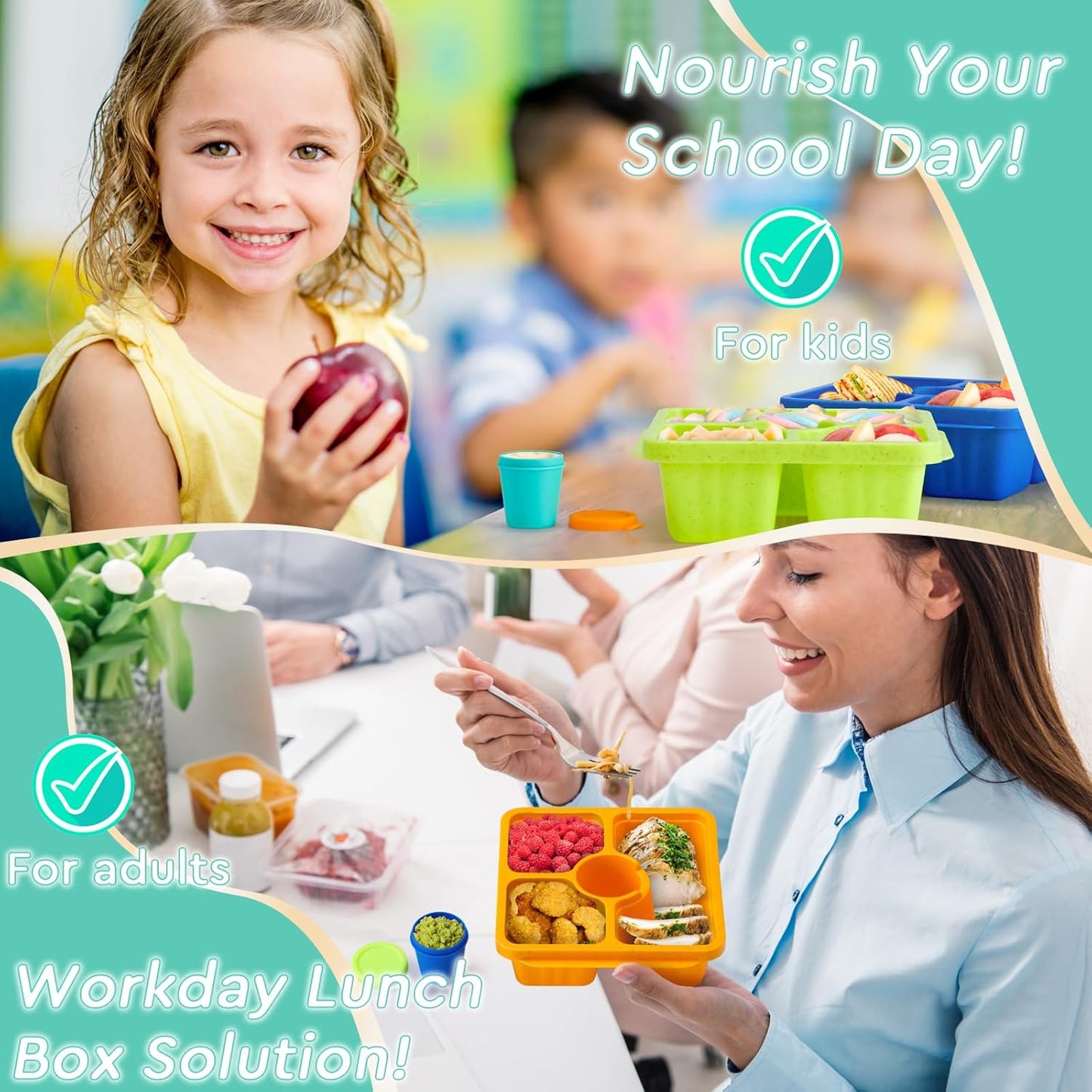 Bento Snack Boxes for Adults & Kids, Lunchable Meal Prep Containers - 4 Pack Divided Food Storage with Lids, Stackable Lunch Boxes with Sauce Cups, Jewel