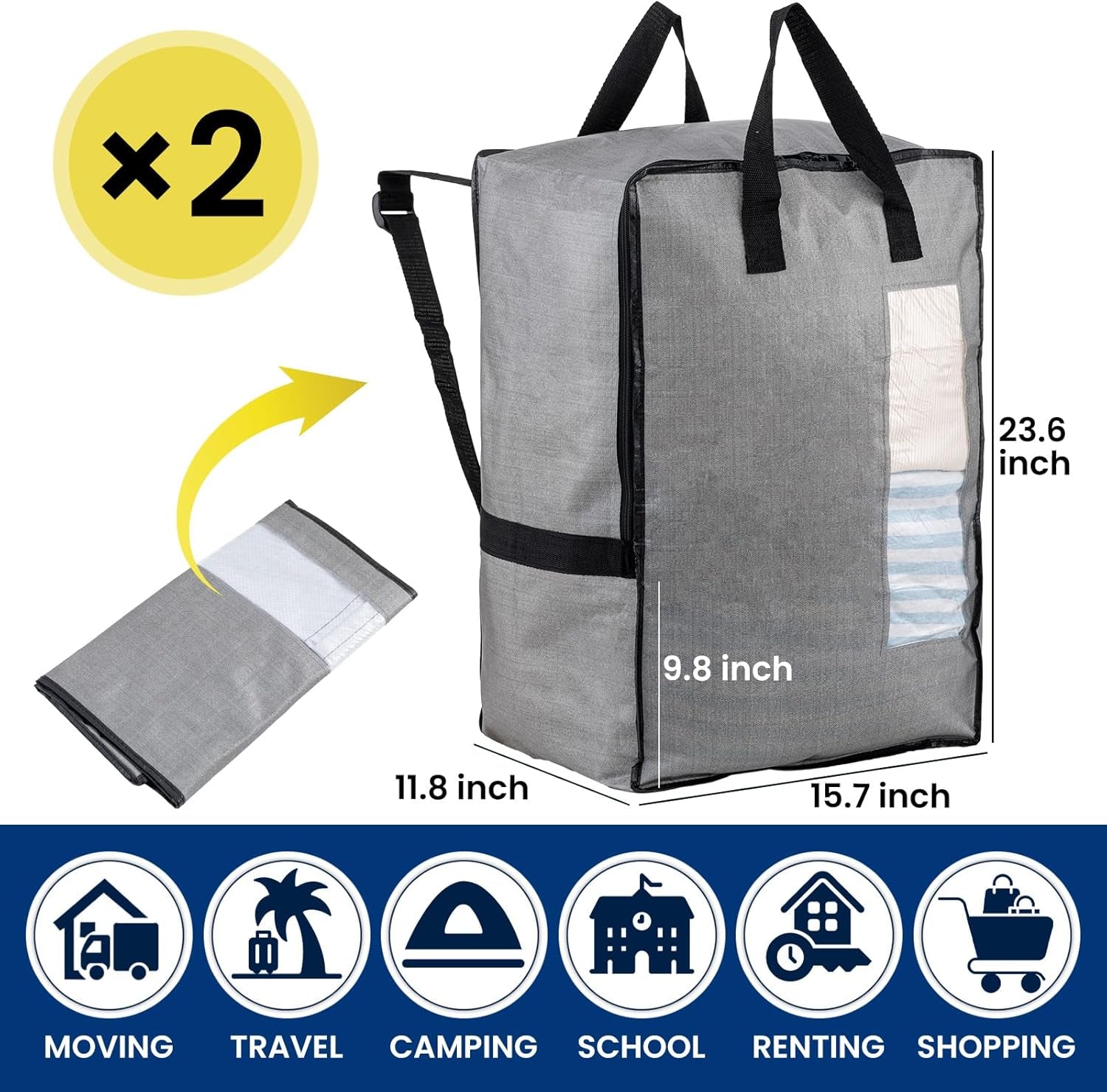 2 Pack Gray Moving Bags W/Adjustable Backpack Straps, Moving Supplies, Moving Boxes Alternative, Heavy Duty Storage Totes for College Packing, Camping Backpack for Travel, Dorm, Laundry
