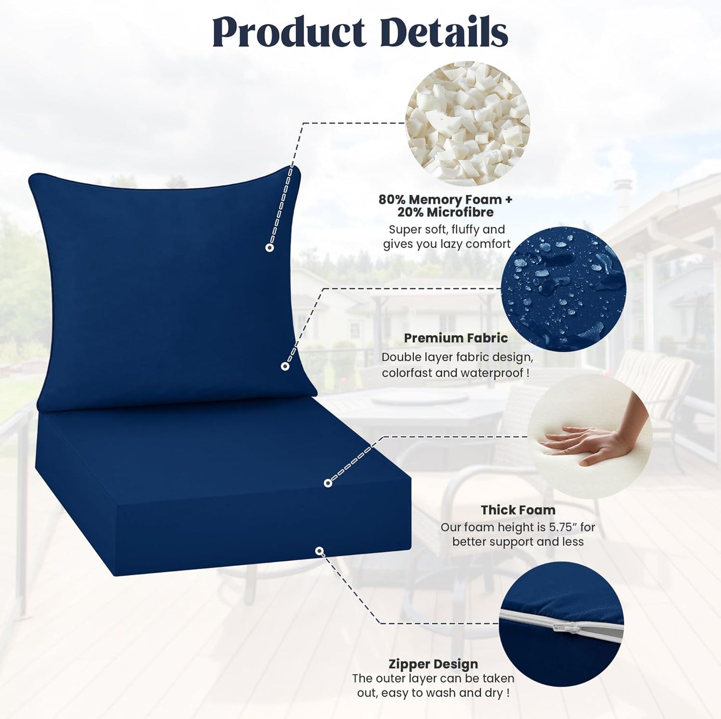 ® Outdoor Seat Cushions 24 X 24 X 5.75 Inch, Waterproof & Fade Resistant Patio Furniture Replacement Cushions with Removable Cover for Chair, Sofa, Couch, Wicker, Navy Blue