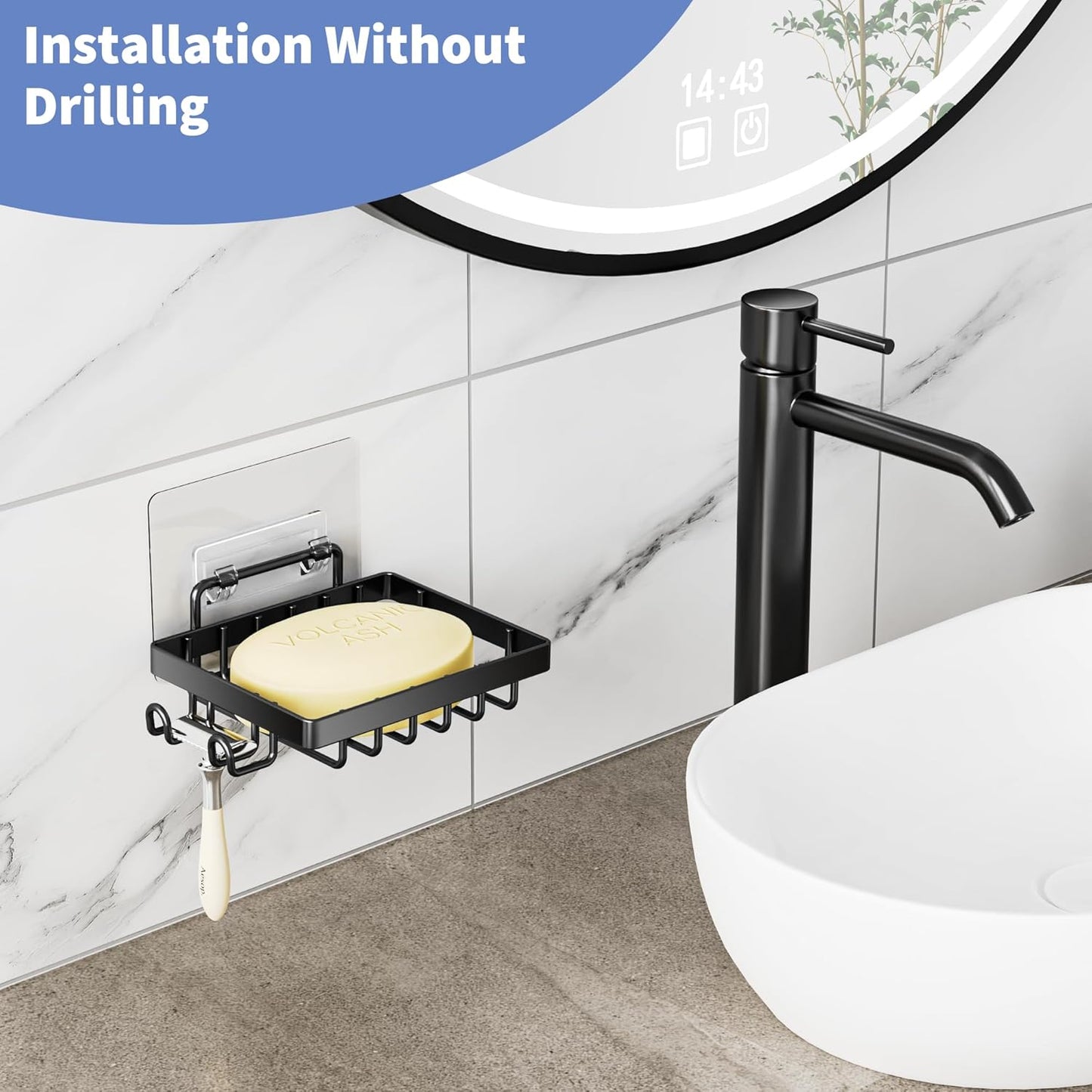 Black Soap Dish, Soap Bar Holder for Shower, No Drilling Bathroom Accessories, Wall Mounted Soap Holder with Hooks, Shower Rack Tray Bar for Suitable for Bathroom, Kitchen Sink