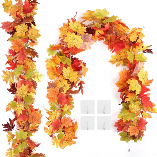 2 Pack Fall Leaves Garland for Mantle, Autumn Leaf Garland Indoor Outdoor Fall Decorations for Home, Hanging Maple Leaves for Mantle, Door Frame, Fireplace and Thanksgiving Decor