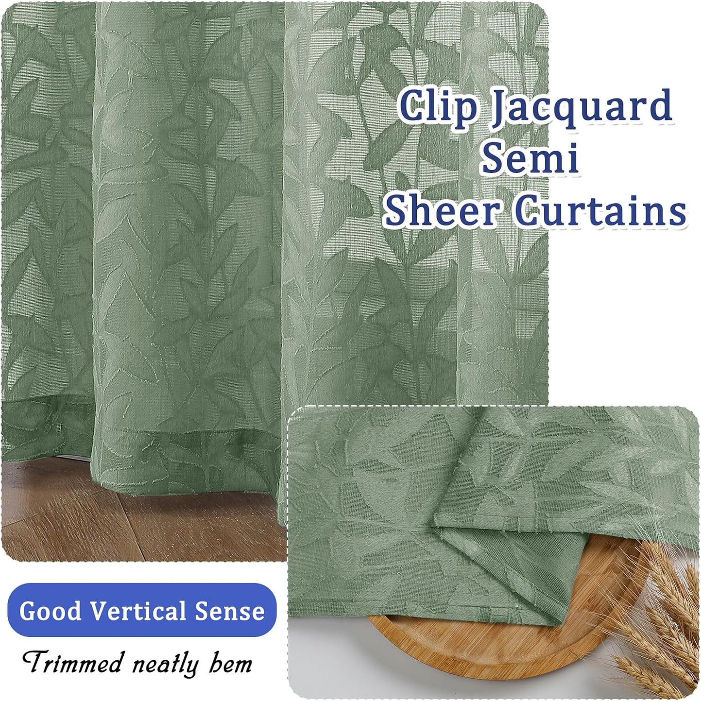 Sage Green Sheer Curtains 84 Inches Long 2 Panels Set, Light Filtering Soft Airy Leaf Elegant Sheer Curtains for Bedroom Living Room, 42Wx84L Inches, 2 Panels