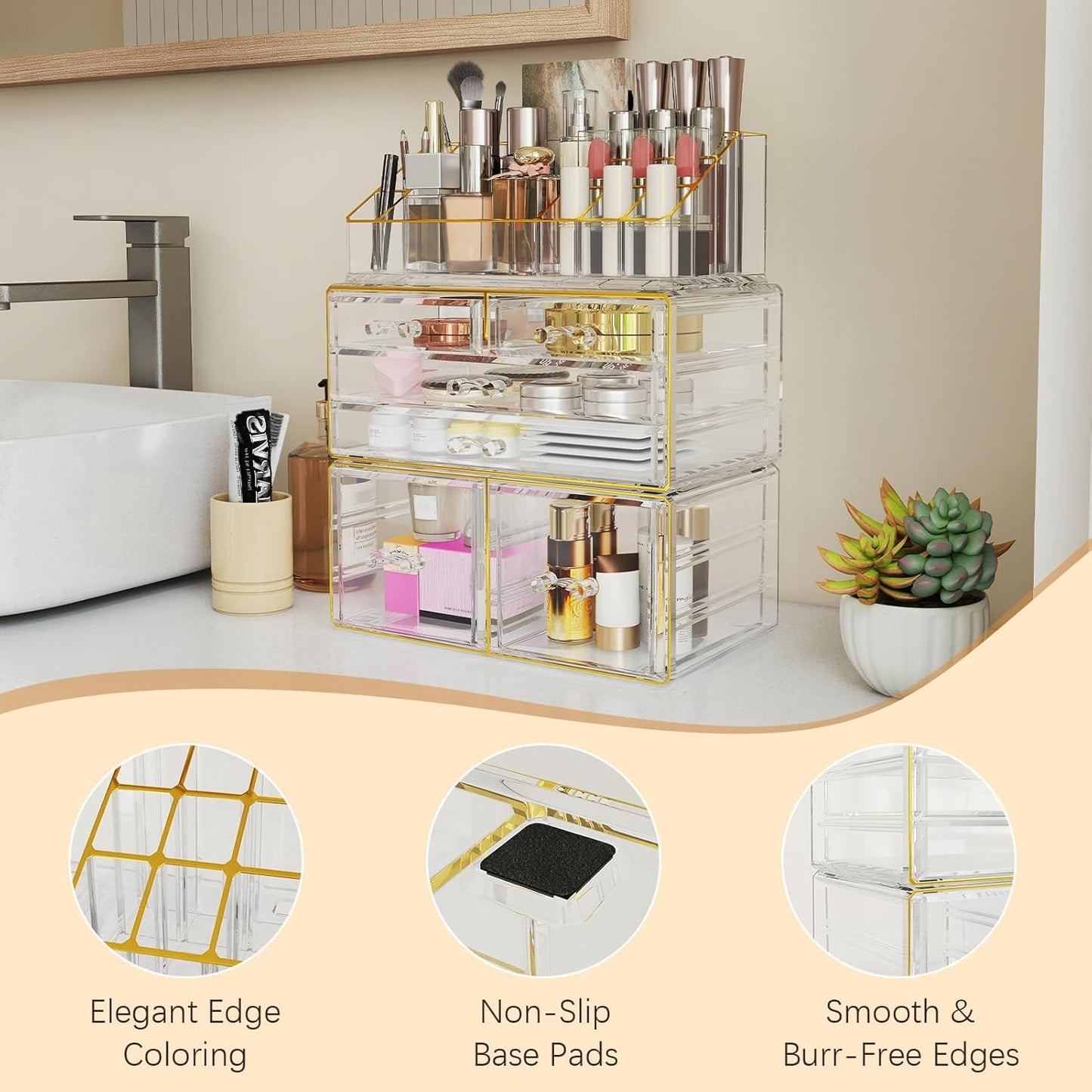 3-Tier Acrylic Makeup Organizer Countertop - Cosmetic Organizer with 6 Drawers, Vanity Organizer for Bathroom/Bedroom, Stackable Makeup Organizers for Lipstick Brush, Skincare, Perfume, Clear