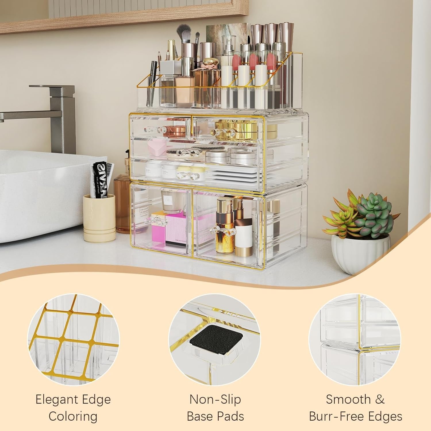 3-Tier Acrylic Makeup Organizer Countertop - Cosmetic Organizer with 6 Drawers, Vanity Organizer for Bathroom/Bedroom, Stackable Makeup Organizers for Lipstick Brush, Skincare, Perfume, Clear