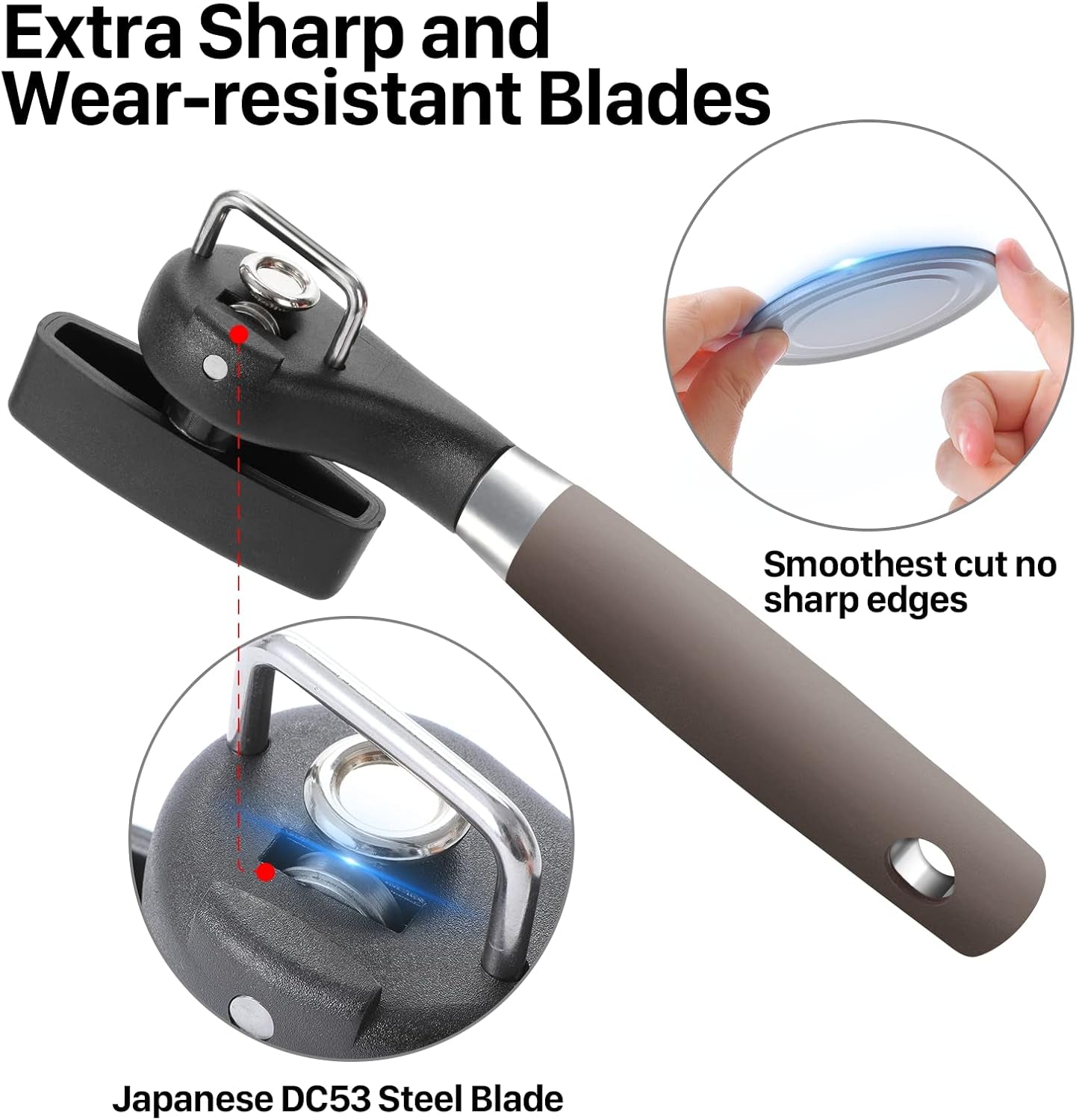 Can Opener, Manual Side Safe Cut Can Opener Smooth Edge with Durable Sharp Blade, Effort-Saving Knob & Comfortable Non-Slip Handle, Brown