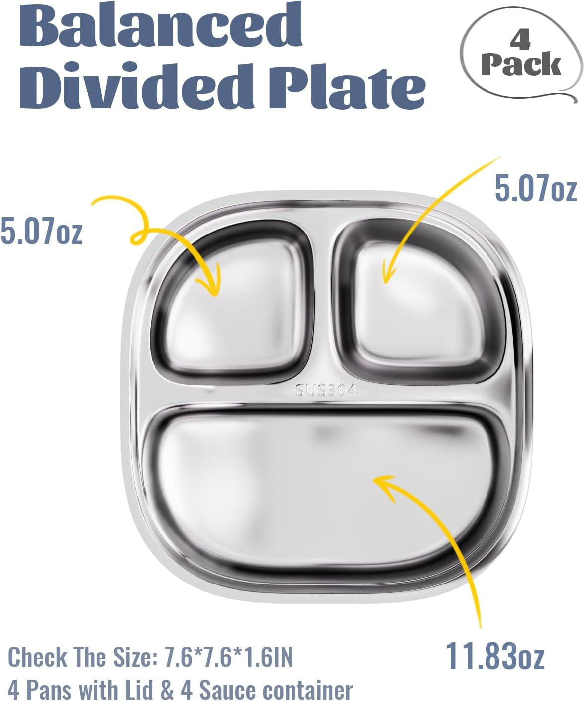 Stainless Steel Kids Plates, Divided Toddler Plate with Lids, 4 Pack 3 Sections Metal Snack Plate Tray, Non Toxic & BPA Free
