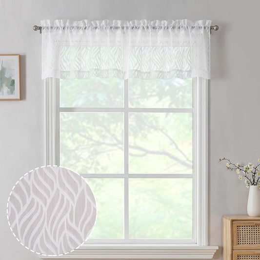 Marilyn 2PCS White Sheer Valances for Windows 14 Inches Long, Light Filtering Soft Clip Jacquard Textured 3D Leaf Curtains for Bathroom Bedroom Basement Small Windows, 38Wx14L Inches