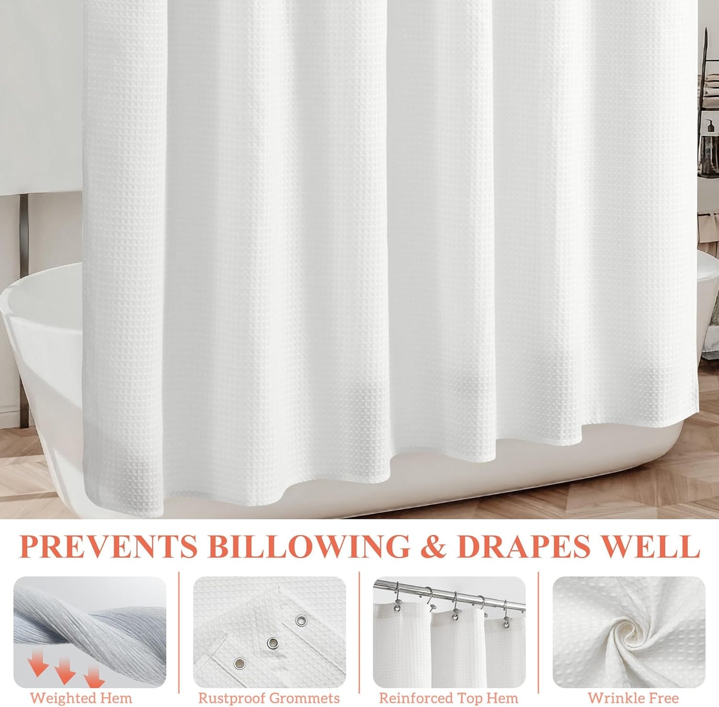 Waffle Weave White Shower Curtain Hotel Luxury Quality, Fabric Shower Curtains for Bathroom, Pique Pattern Cloth, Water Repellent and Machine Washable, Standard Size 71" X 72"