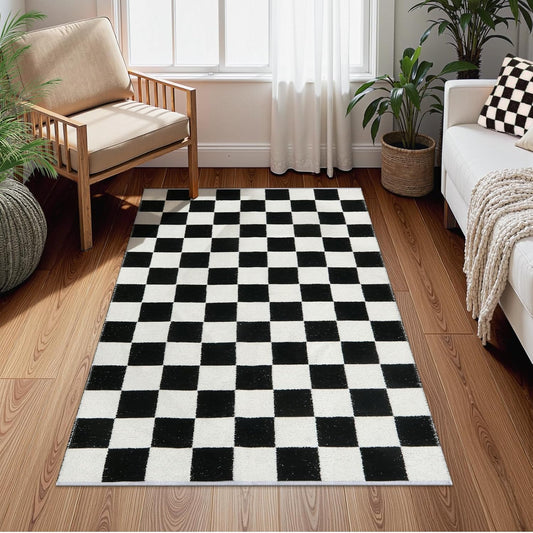 3X5 Small Checkered Race Car Rug for Bedroom, Cotton Woven Black and White Checker Area Rug for Classroom Nursery Dorm, Soft Low Pile Checkerboard Carpet for Playroom Bathroom Kids Room