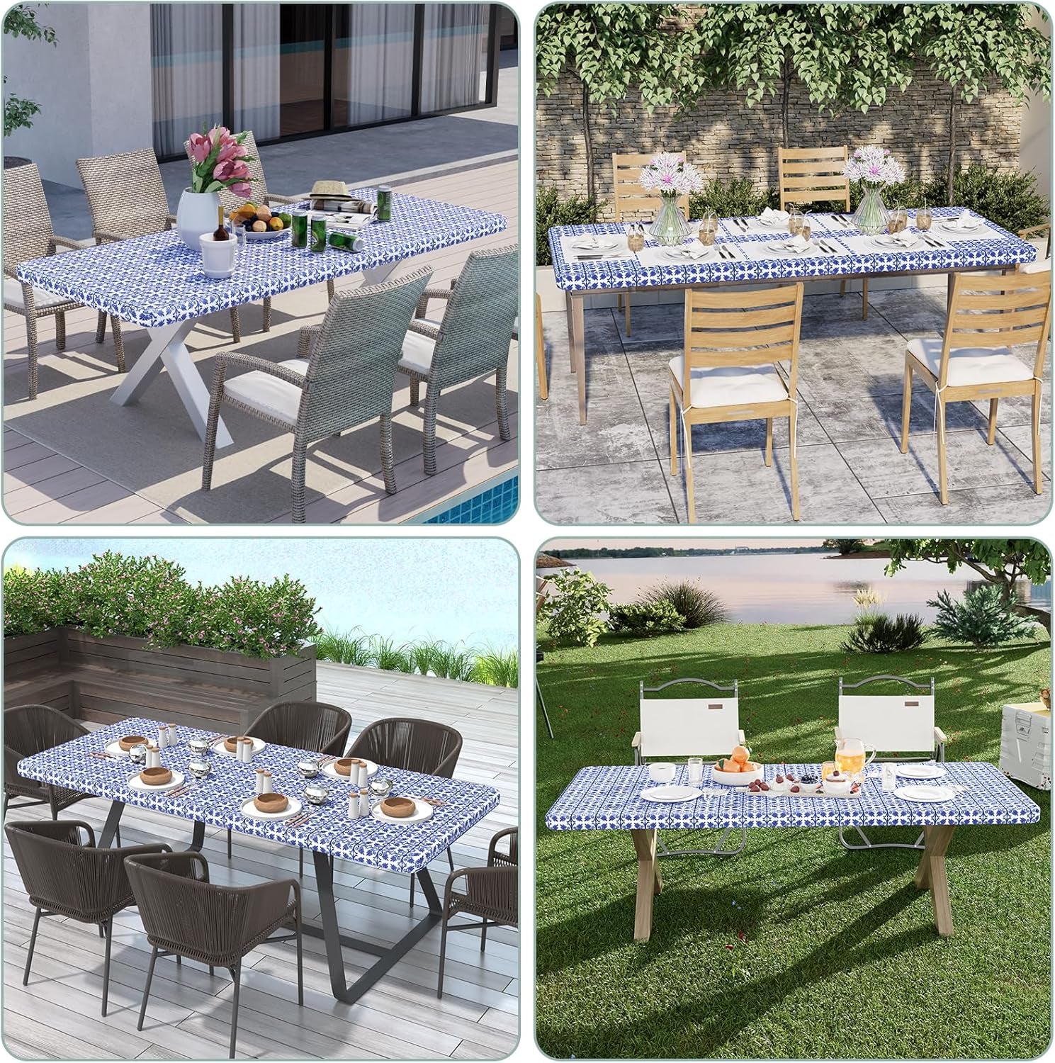 2 Pack 6 Foot Rectangle Picnic Tablecloth, Elastic Fitted Waterproof Table Cover, Windproof Washable Polyester Table Cloth for Camping, Indoor and Outdoor (Blue, 30" X 72")