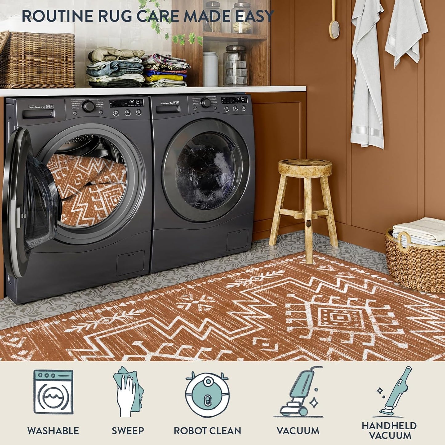 5X7 Boho Rugs for Living Room, Washable Bedroom Western Area Rug, Low Pile Soft Burnt Orange Carpet, Stain Resistant Distressed Fall Rug Aztec Carpets for Dining Room