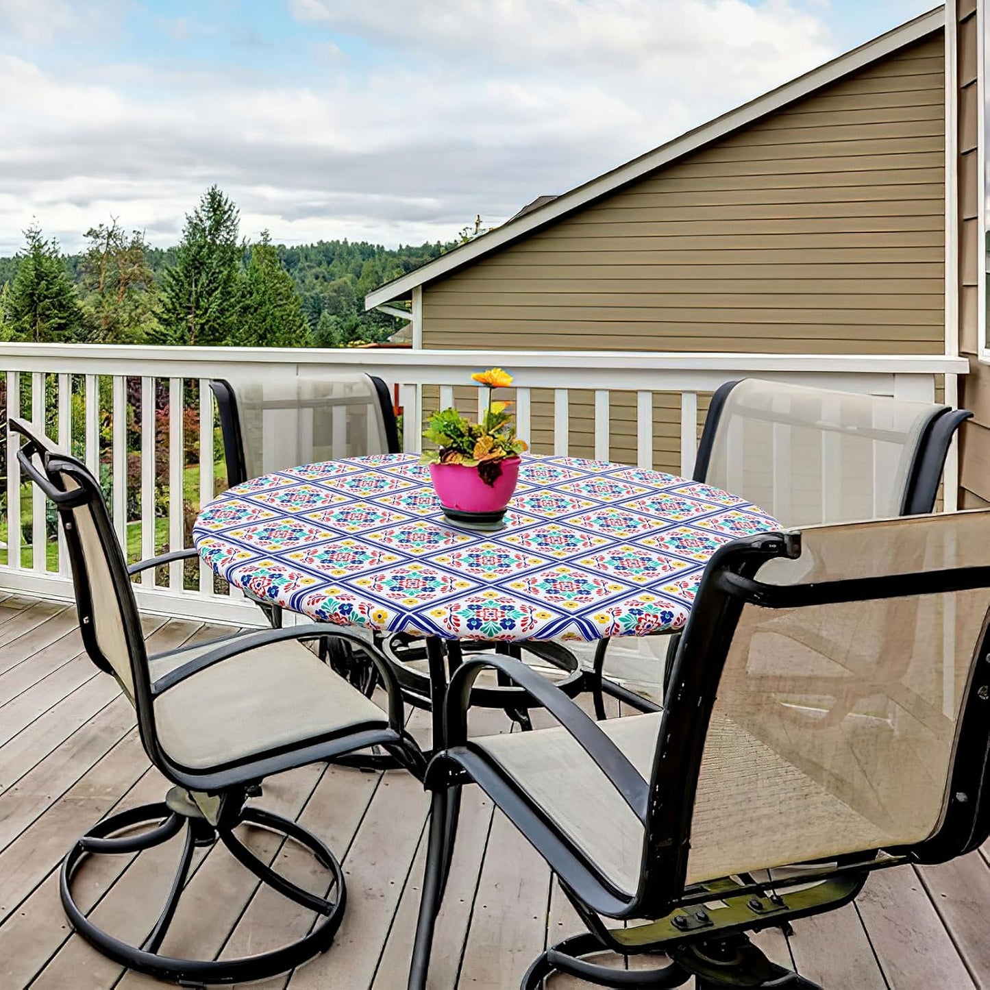 round Fitted Tablecloth with Elastic Edge, 100% Waterproof Oil Proof Plastic Table Cover, Vinyl Flannel Backed Tablecloth Fits 36"-44" round Tables for Dinner, Outdoor, Picnic, Geometric Flower