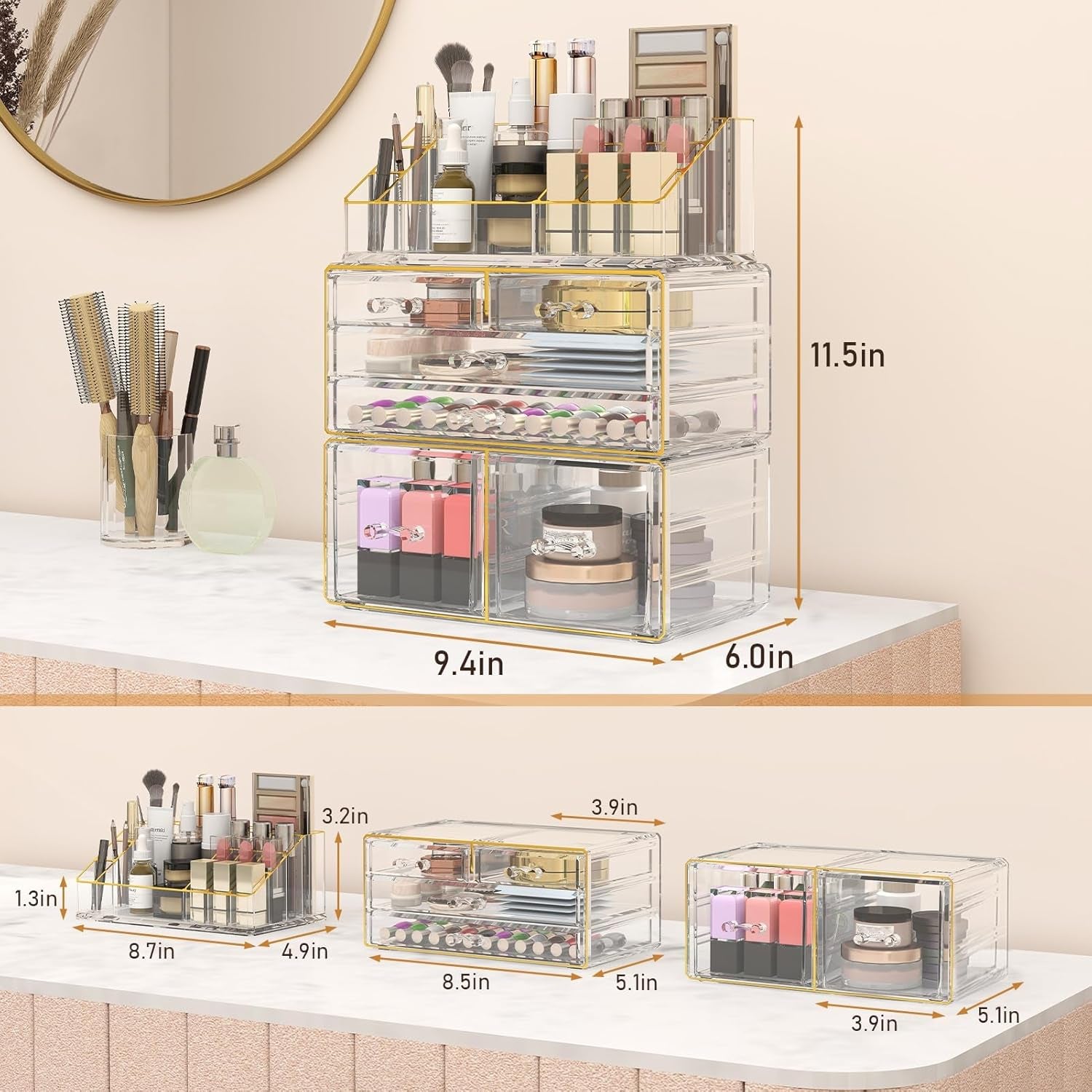 3-Tier Acrylic Makeup Organizer Countertop - Cosmetic Organizer with 6 Drawers, Vanity Organizer for Bathroom/Bedroom, Stackable Makeup Organizers for Lipstick Brush, Skincare, Perfume, Clear