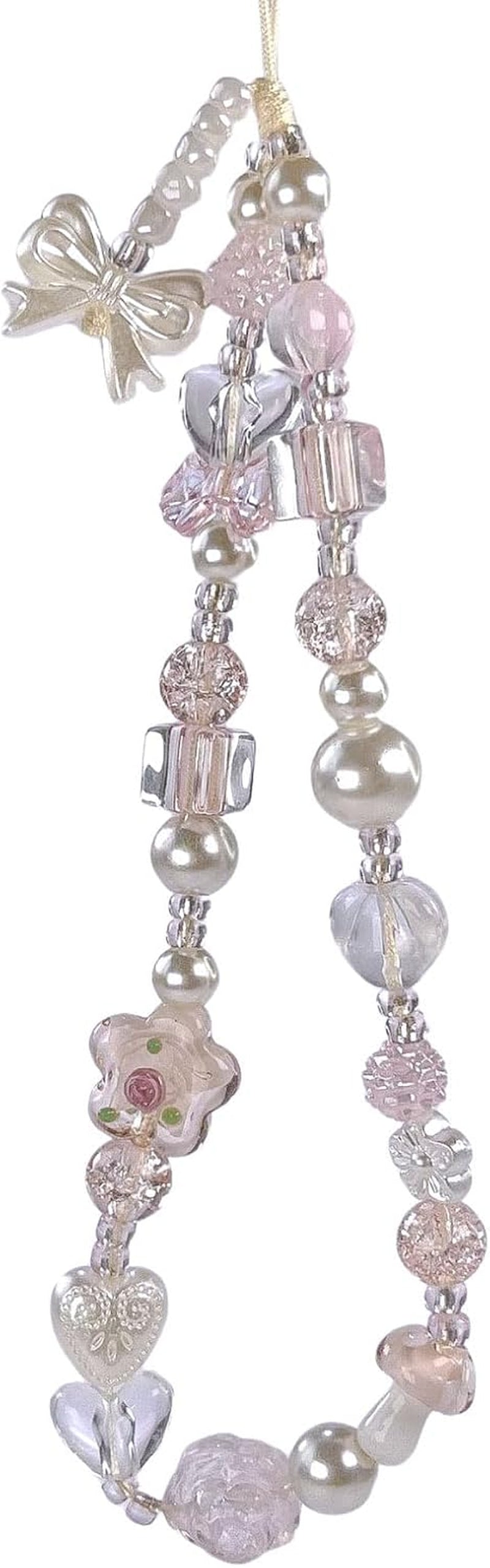 Beaded Camera Wrist Strap Cute Pearl Digital Camera Charm Lanyard, Phone Wristlet Charms, Beaded Camera Chain for Phone, Bag, Keychain Accessories (Bow&Flower)