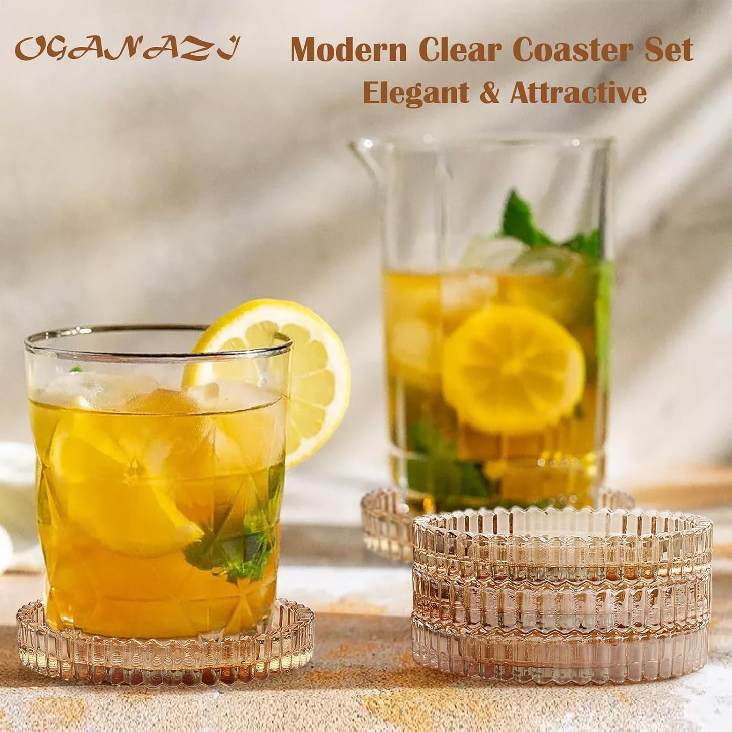 Modern Amber Glass Coaster Set of 5 - Elegant Round Coasters for Drinks, Ideal for Coffee Tables, Offices, Kitchens, Bars, Dining Rooms, Living Rooms, and Patios