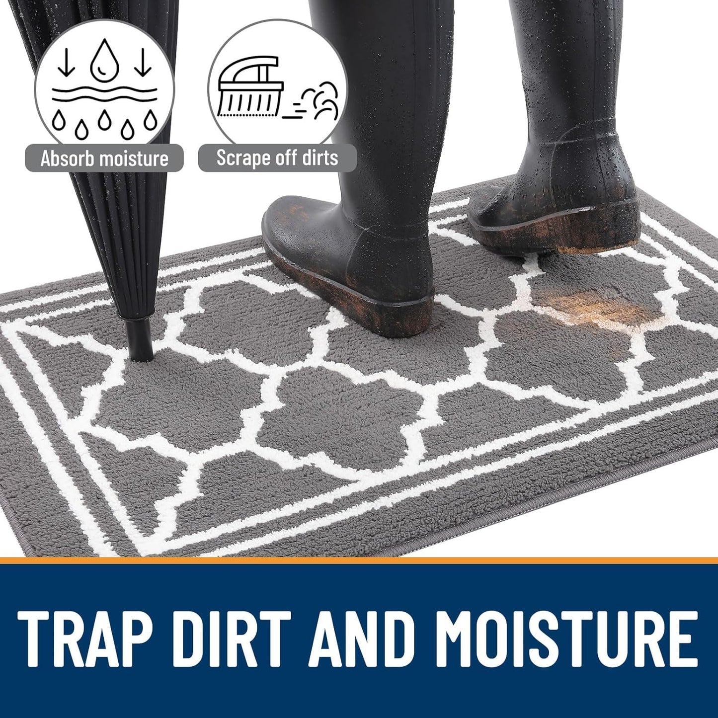 Indoor Door Mat, Dirt-Resistant and Absorbent Doormat, Anti-Slip, Low Profile Floor Mats for inside Entryway, Front, and Back Door Entrance (32X20 Inches, Grey)