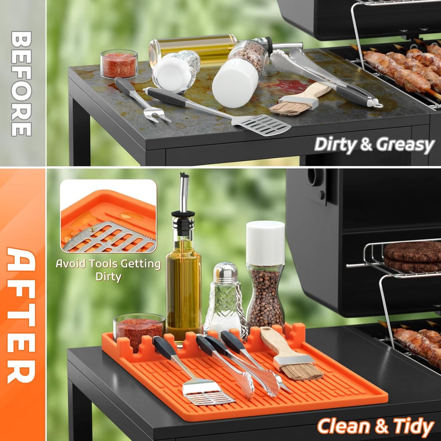 Silicone Griddle Mat with Seasoning Jar Holder and Side Shelf Pad for Outdoor Grilling Accessories, BBQ Tool Rest, and Kitchen Aid Attachments (Orange)