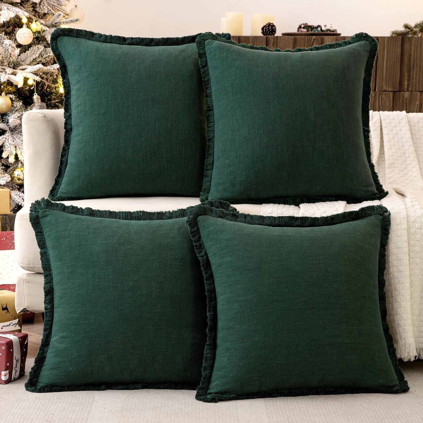 Linen Pillow Covers 18X18 Inch Dark Green Decorative Throw Pillows with Fringe Pack of 4 Soft Farmhouse Boho Couch Pillows Home Decors for Sofa Cushion Living Room Bed