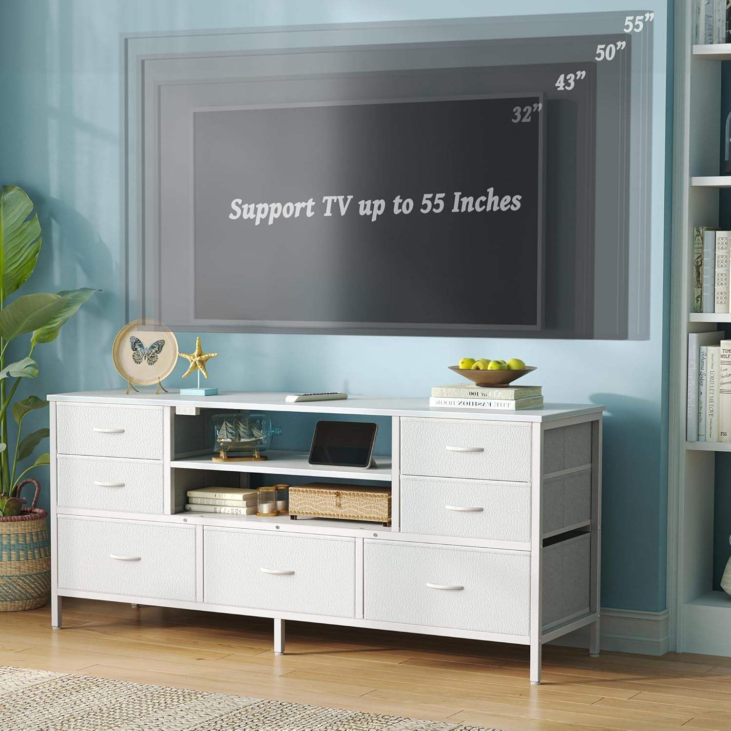 Elegant Bedroom Dresser with Power Outlets and LED Lighting, 7-Drawer TV Stand for Up to 55-Inch TVs, 47-Inch Console with Open Shelf, Wide White PU Leather Finish