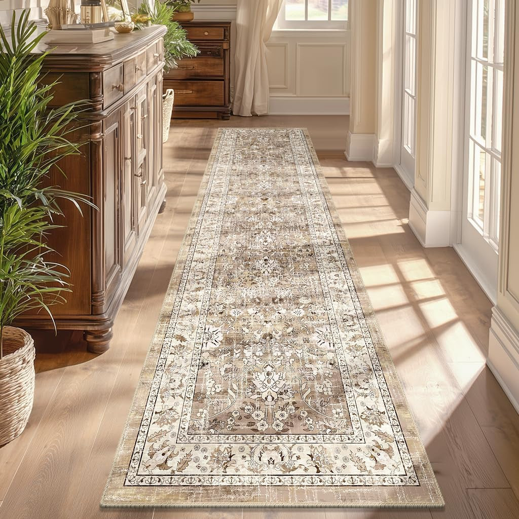 Washable Non-Slip Vintage Hallway Runner Rug, 2x8 ft, Boho Floral Soft Faux Wool Carpet with Rubber Backing for Laundry, Entryway, and Bedroom (Beige Brown)