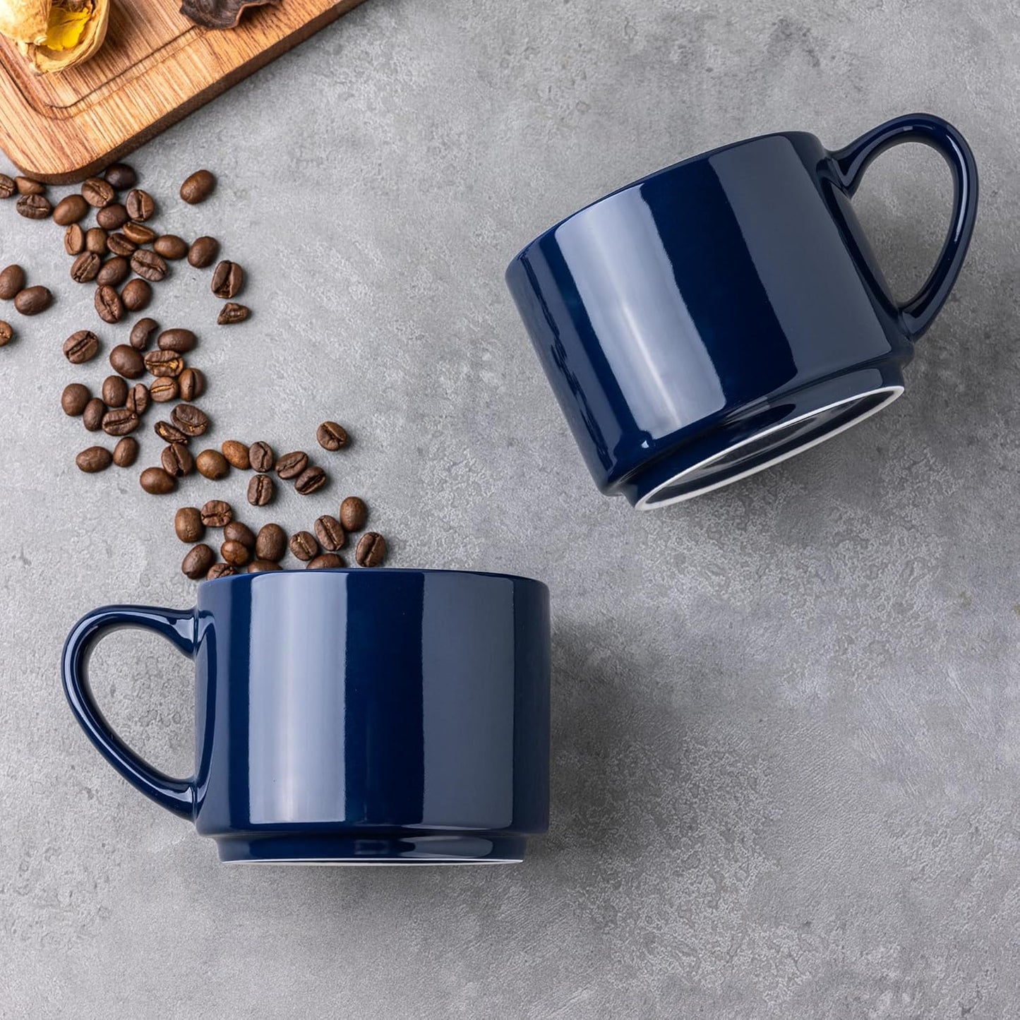 14 oz Stackable Ceramic Coffee Mug Set of 6 in Navy Blue - Modern Cups for Latte, Cappuccino, and Hot Cocoa - Dishwasher and Microwave Safe