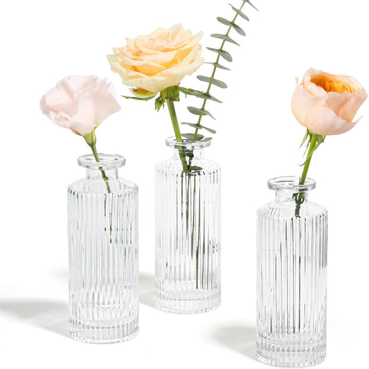 Glass Bud Vases Set of 3, Small Flower Vases in Bulk, Mini Ribbed Vases for Centerpieces, Clear Vintage Vase for Table Decorations, Wedding, Party, Receptions, Home Decor (Different Sizes)