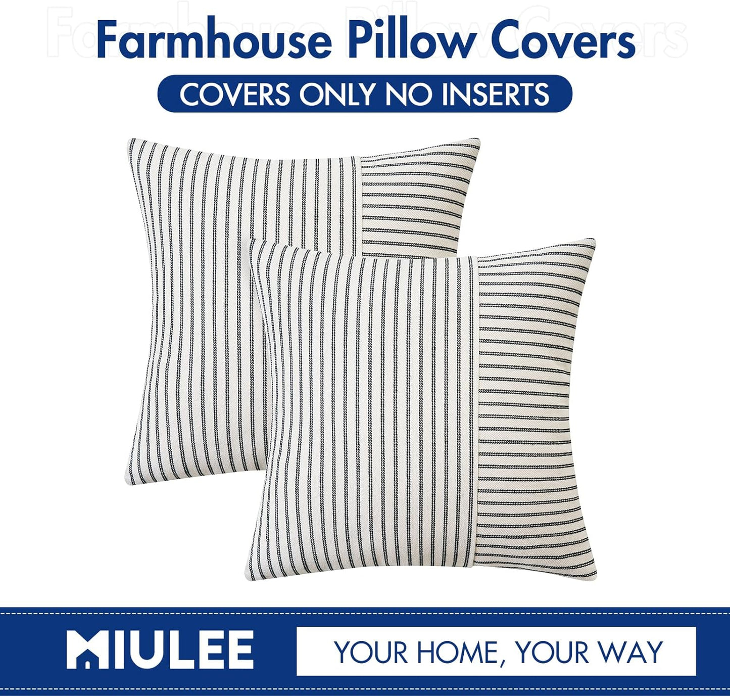 Black and Beige Patchwork Farmhouse Pillow Covers 18X18 Inch, Pack of 2 Striped Linen Decorative Modern Accent Pillow Cases for Sofa Couch Bedroom