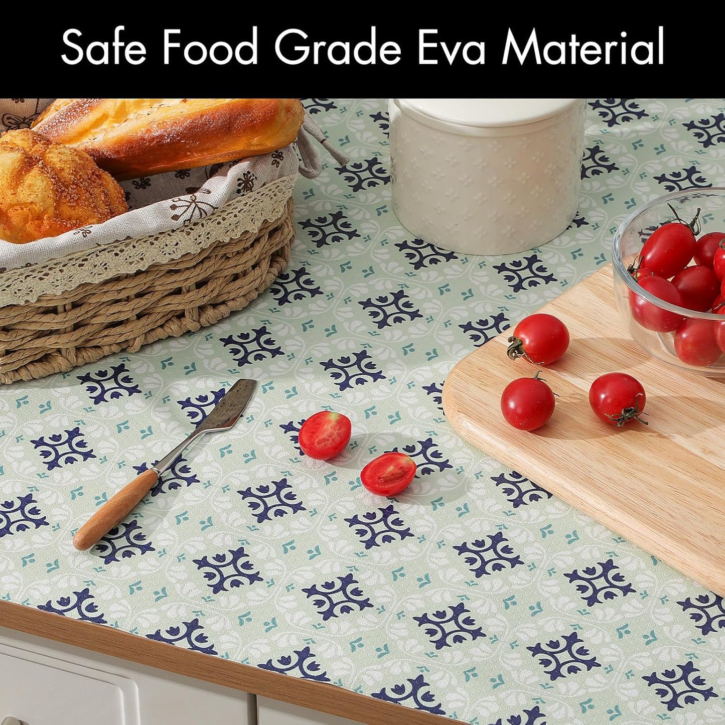 Shelf and Drawer Liners for Kitchen Cabinets, Non-Adhesive Cabinet Liners, EVA Waterproof Durable Shelf Paper for Refrigerator, Shelves, Cupboard with European Pattern, Easy to Cut