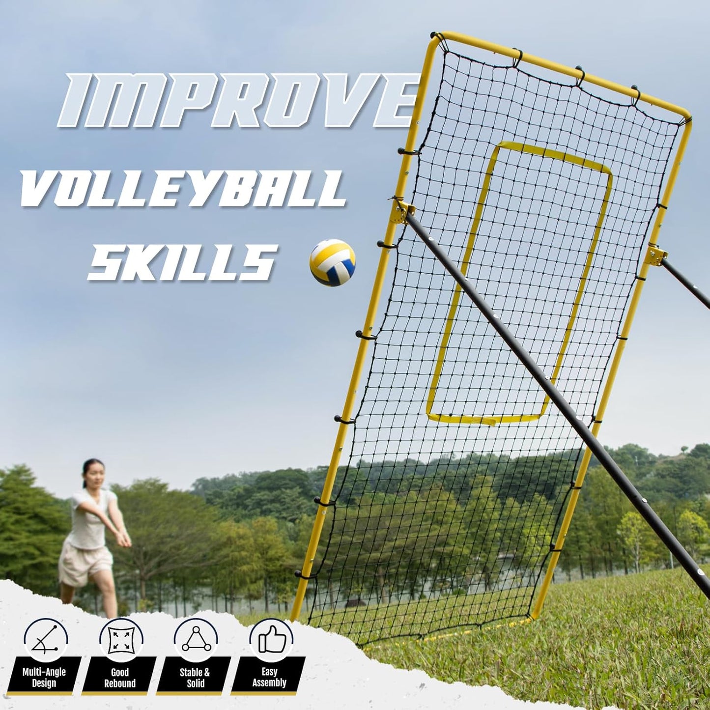 Volleyball Rebounder Net, Volleyball Training Equipment, Bounce Back Net for Volley Ball Practice with 5 Adjustable Rebound Angles 7X4 Ft