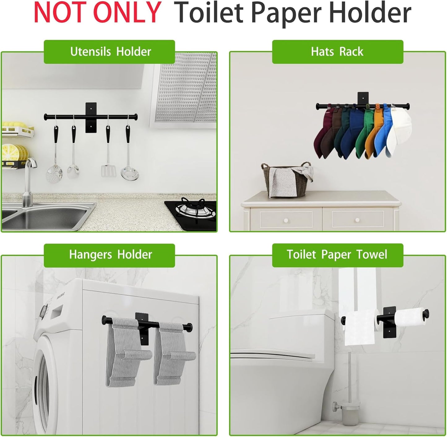 Double Roll Toilet Paper Holder, , Black Stainless Steel Toilet Paper Holder, Adhesive or Drilling Toilet Roll Holder Wall Mount for Bathroom (Black)