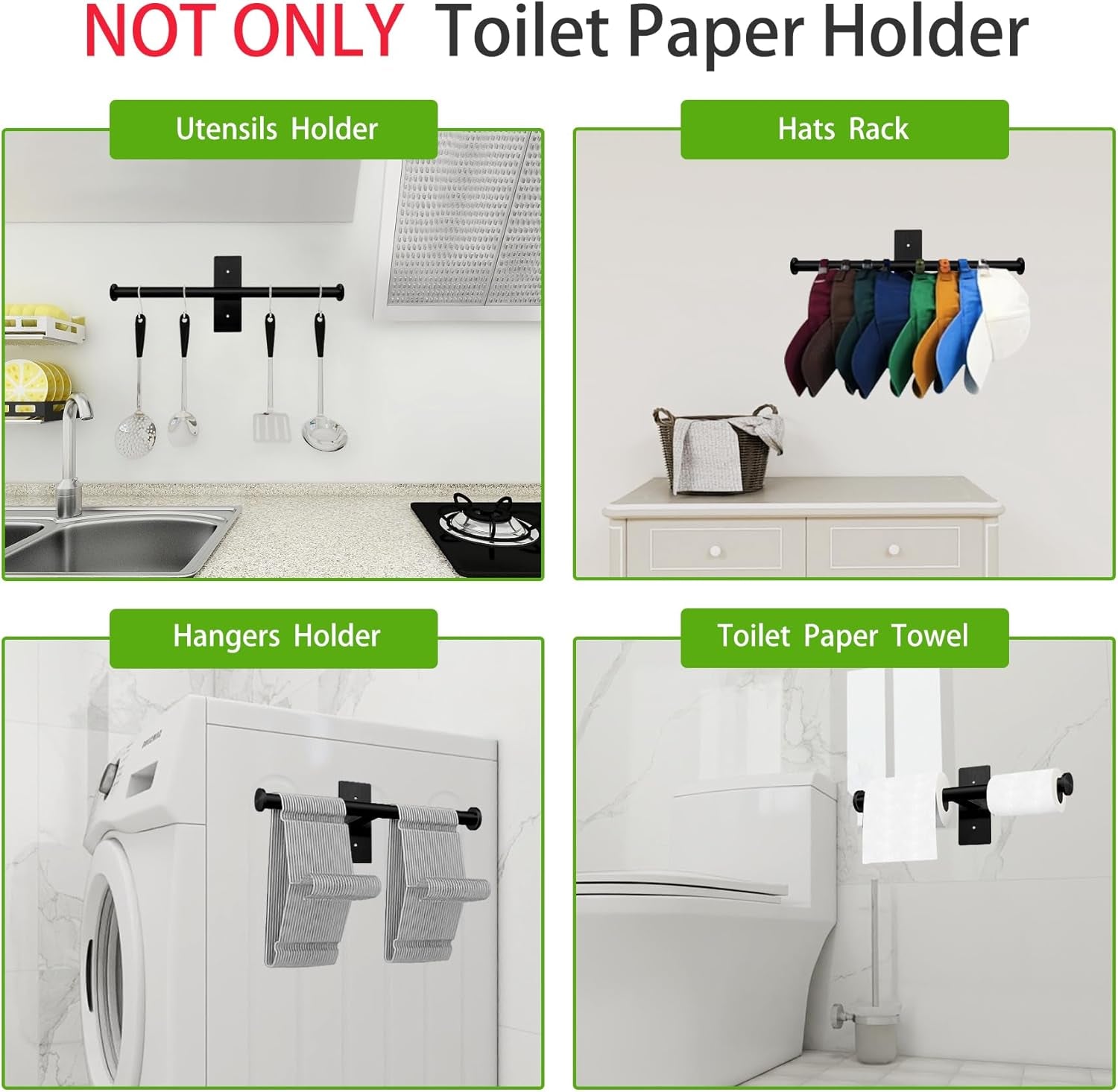 Double Roll Toilet Paper Holder, , Black Stainless Steel Toilet Paper Holder, Adhesive or Drilling Toilet Roll Holder Wall Mount for Bathroom (Black)