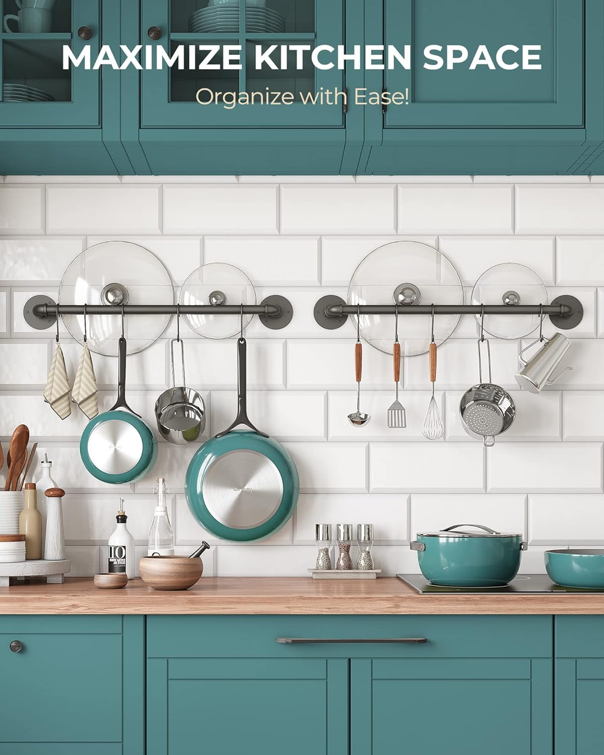 Wall Mounted Pot Pan Rack 21'' Set of 2, Industrial Utensils Wall Hanger Iron Pipe Kitchen Hanging Rail with 10 S Hooks